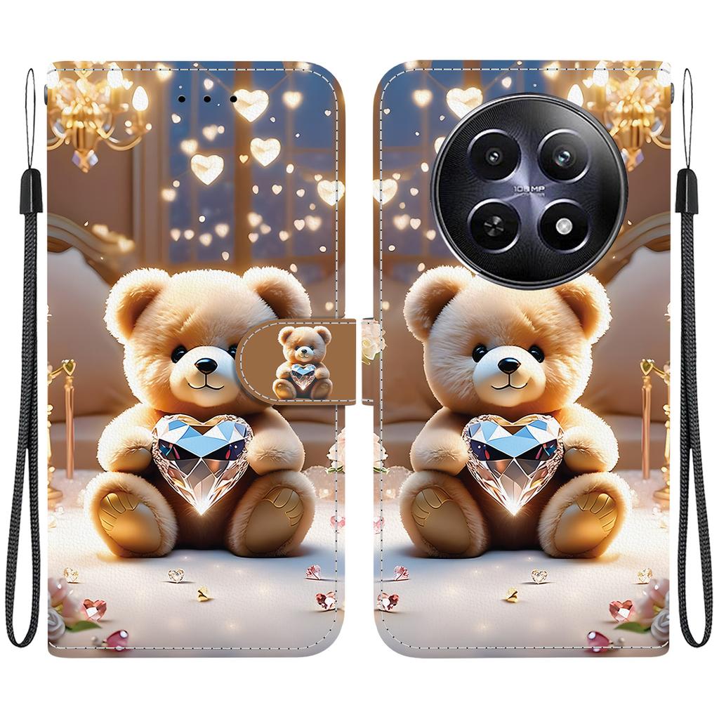 Handmade PU Leather Flip Case for Realme 12 (5G/RMX3999) Anti-Slip Shockproof Cover with Wrist Strap & Heart/Rose Cat Designs