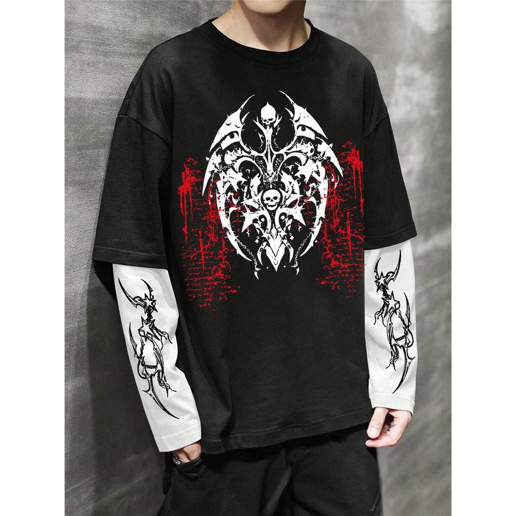 Men'S High Street Hip-Hop Dark Style Double Sleeve Print T-Shirt, a Fashionable New Arrival for Spring