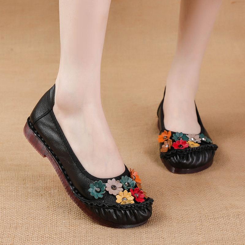 Fashion New Summer Genuine Leather Ballet Flats Women's Flower Loafers Ladies Moccasins Shallow Daily Shoes Woman Flattie Slip On Shoes