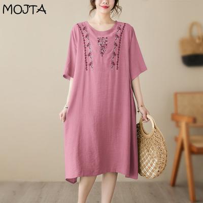 Robe d'été en coton brodé à manches courtes pour femmes, col rond, ample, longue jupe