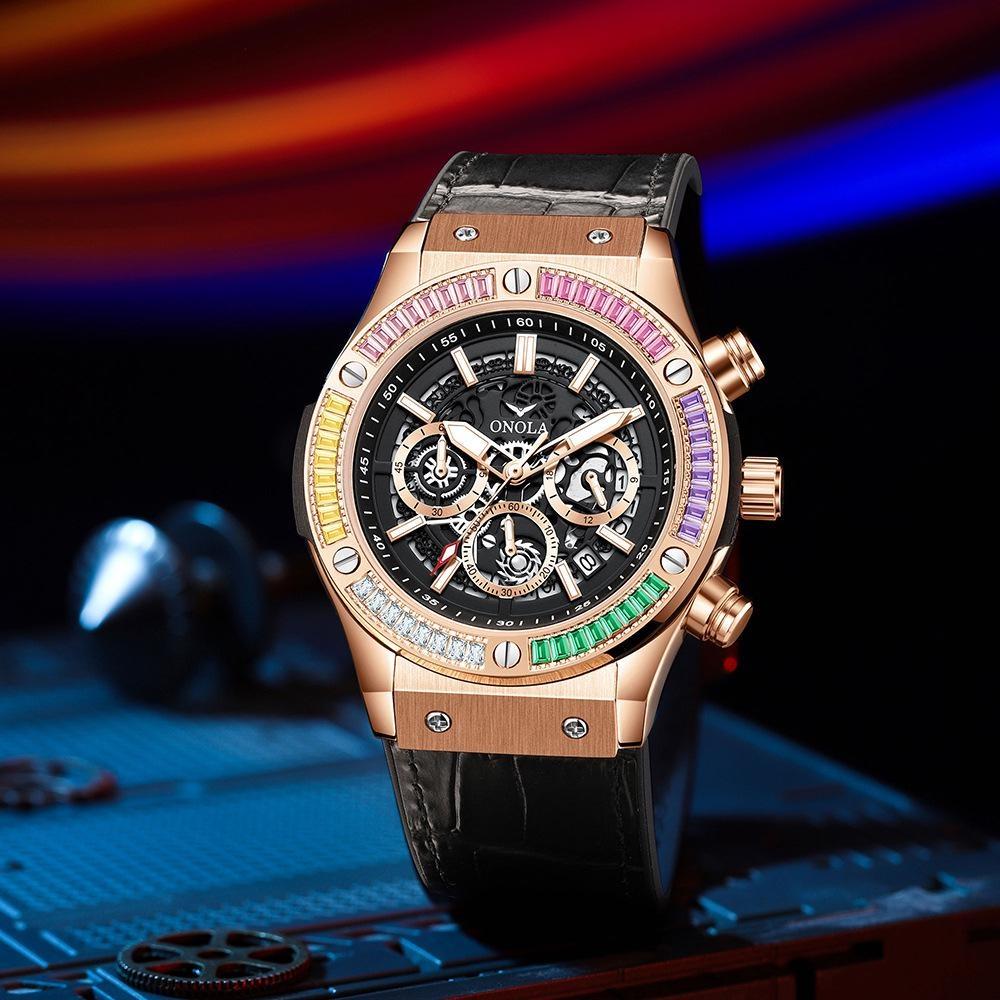 ONOLA Luxury Men Watch Casual Colored Diamond Luminous Calendar Quartz Watch Waterproof Watch Men Chronograph Wristwatch Clock