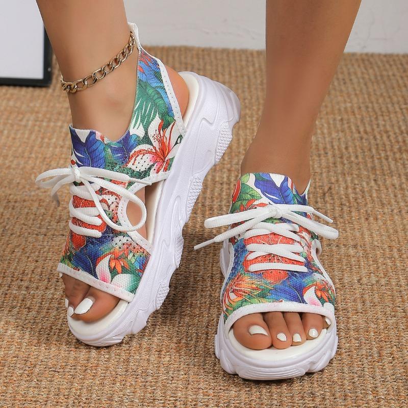 New Mesh Fly-woven Color Front Lace-up Fish Mouth Hollow Platform Sandals Casual Sandals