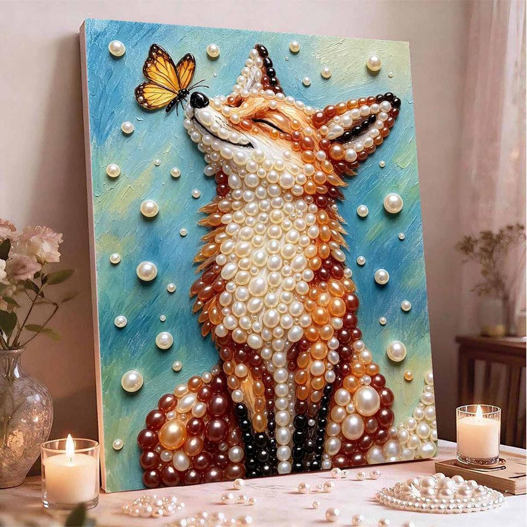 DIY Framed Pearl Painting Kit with Fox and Butterfly 5D Sparkling Bead Art Canvas Ready To Display Home Decor Relaxing Craft Gift Idea