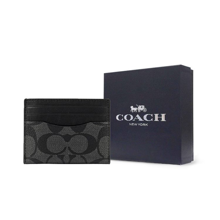 Coach Card Case Classic Monogram Print Three Credit Card Slots Coated Canvas Men Card Holder Gray Black 58110-CQBK