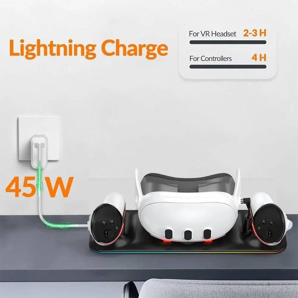 Wireless Charging Station Charging Dock for Meta / Oculus Quest 3 VR Accessories Kit Blue Light Fast Charging Base Charger Adaptor