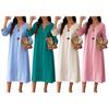 Sommer Baumwollkleid für Damen Langarm V-Ausschnitt Fließendes Langes Kleid Lässig Strandurlaub A-Linie Sommerkleid