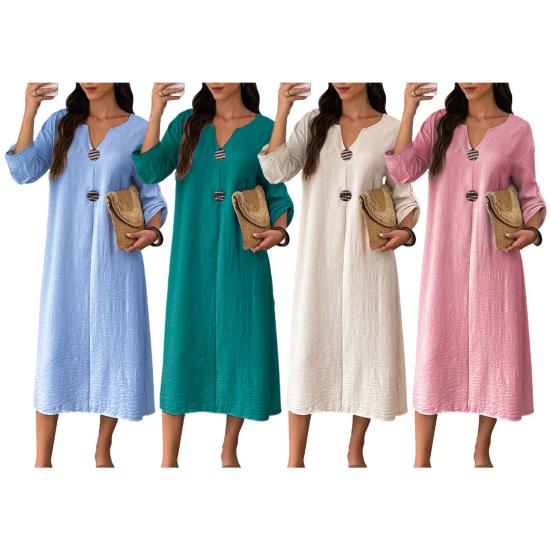 Sommer Baumwollkleid für Damen Langarm V-Ausschnitt Fließendes Langes Kleid Lässig Strandurlaub A-Linie Sommerkleid