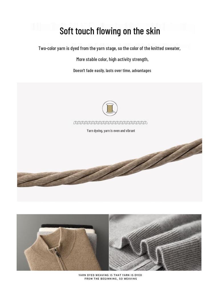 Siping Men's Thick Cashmere Cardigan, Zipper Stand Collar, Warm Knit Outerwear, Business Casual Wool Sweater