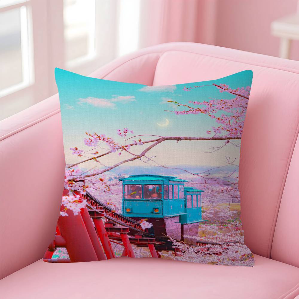 Japanese Street Train Scenery Sakura Cushion Cover Pillow Cover Decor Pillowcase Printed Cushion Case For Couch