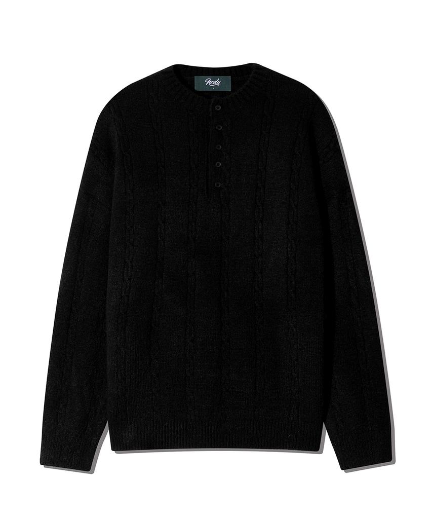 NODU Soft Henley Neck Round Long Sleeve Knit [Black]