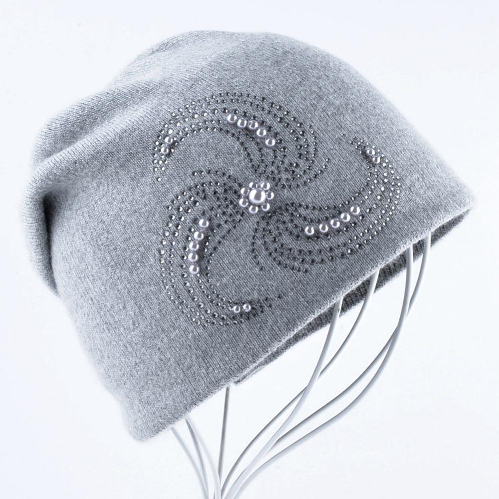 Winter Knitted Beanie Hats For Women Pearls Rhinestone Flower Knit Wool Beanies Ladies Angora Hat