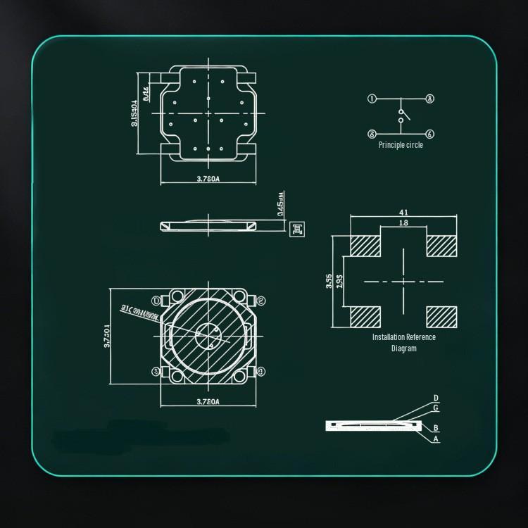 Square Tactile Switch 3.7x3.7mm 4-pin, 0.35mm High: Micro Membrane Button