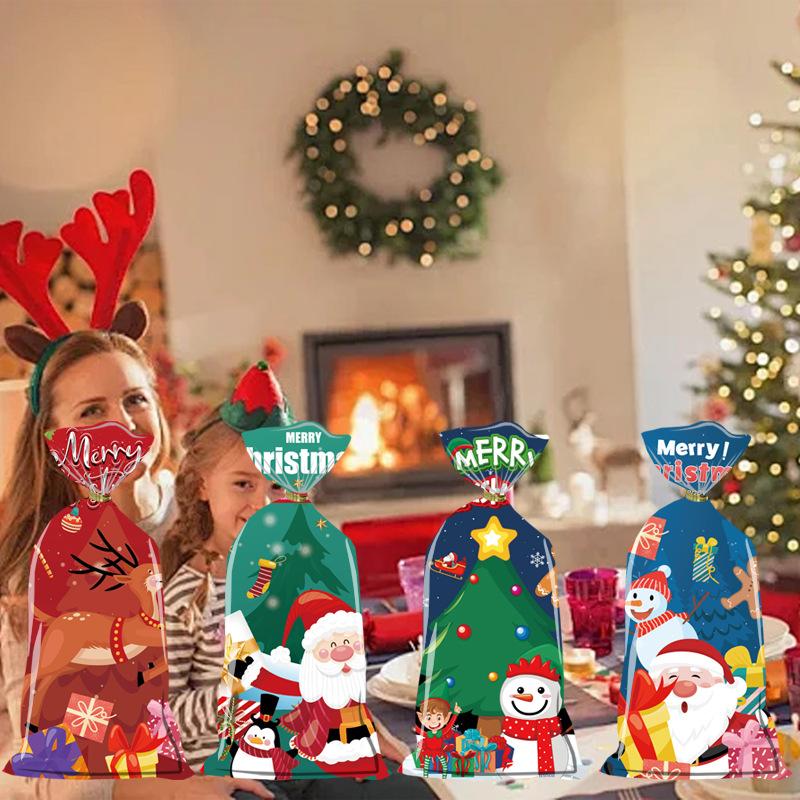 50Pcs Christmas Happy Candy Gift Bag with Zip Ties Christmas Biscuits Desserts DIY Packaging Supplies New Year's Party Favorite