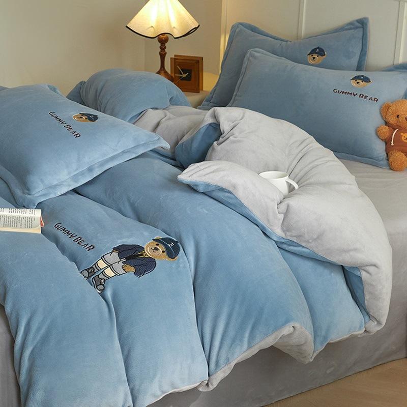 Thickened Milk Fleece Four-Piece Children'S Coral Flannel Quilt Cover, Bed Sheet Fleece Embroidery Bedding