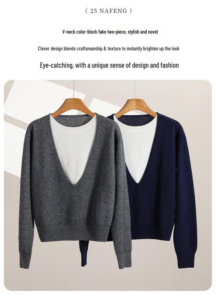 35% Cashmere Women's Color Block Faux Layered Korean Style Pullover Sweater