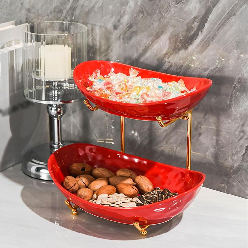 Fruit Plate Fruit Bowl Basket for Kitchen Counter, Multi-layer Ceramic Serving Bowls with Metal Stand, Red Tiered Fruit Basket for Fruit, Vegetable,