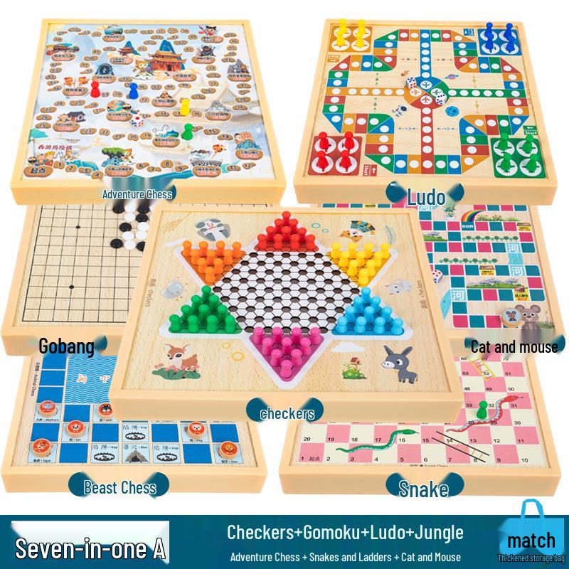 Multi-Board Game Set: Go-Moku, Checkers, Chinese Checkers, Chess, Animal Chess, Army Chess – Parent-Child Educational Toy