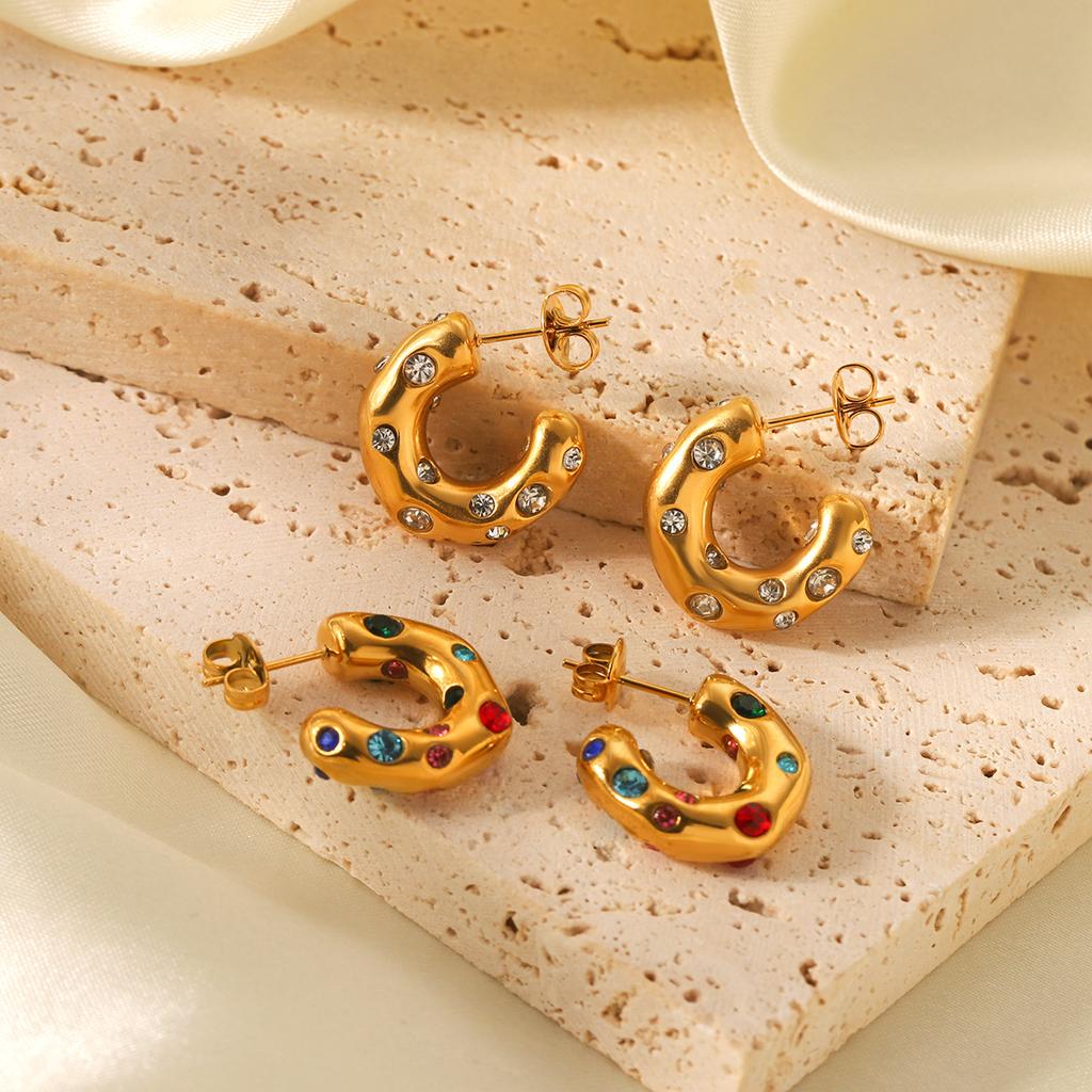 Unusual Shape 18K Gold Stainless Steel Studs with Zircon C-shaped Earrings for Women, High-end Titanium Steel Ear Jewelry