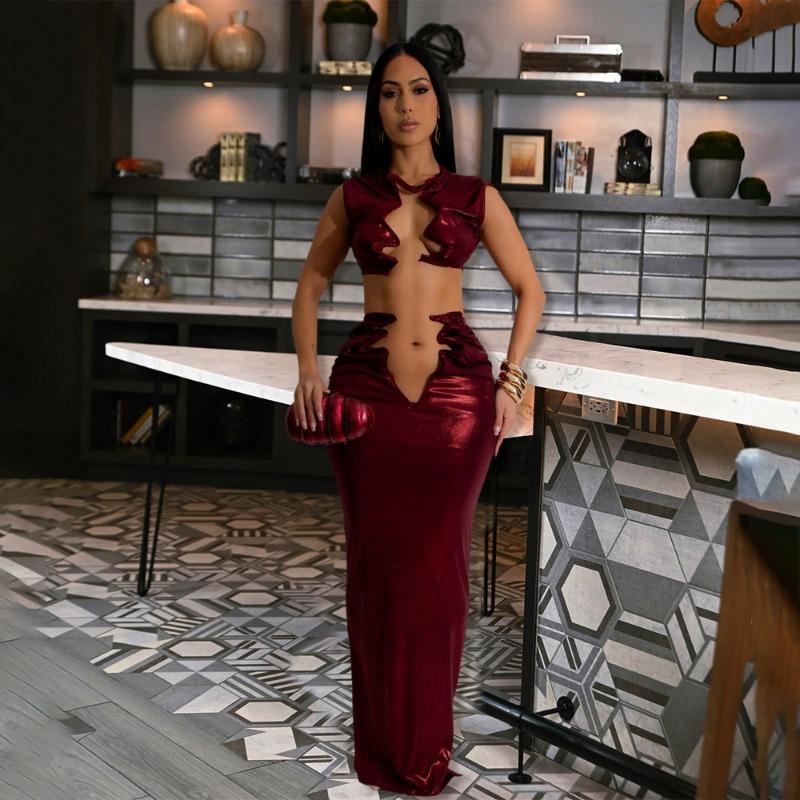 

Сексуальный женский модный однотонный короткий топ без рукавов с длинной юбкой M красный