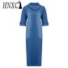HNXC Sommer-Jeanskleid für Damen, lässig, frühlingsblau, Maxi-Kleider, V-Ausschnitt, halbe Ärmel, Übergröße, lange Kleider mit Schlitz