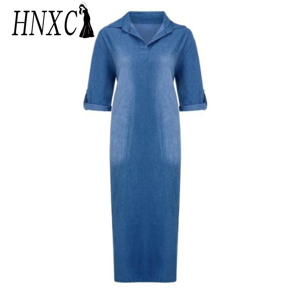 HNXC Letní džínové šaty pro ženy Ležérní jarní modré maxi šaty Výstřih do V Poloviční rukáv Nadměrná velikost Dlouhé šaty s rozparkem
