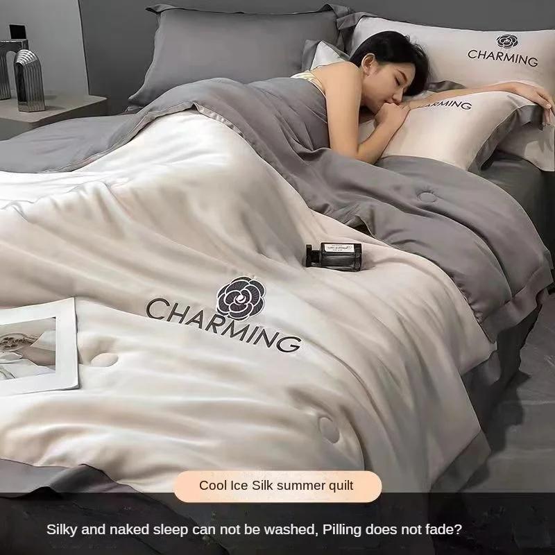 100% стираное шелковое летнее одеяло с вышивкой, гладкое охлаждающее лед одеяло для кровати, шелковистое однотонное одеяло, мягкое прохладное летнее одеяло 150x200 1pcs