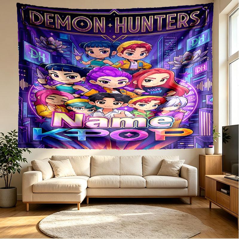 Custom Name Personalized Demon Hunters Kpop Print Tapestry, Wall Art Decor, Bedroom, Dorm, Apartment, LivingRoom, Party Backdrop, Gift for Birthday