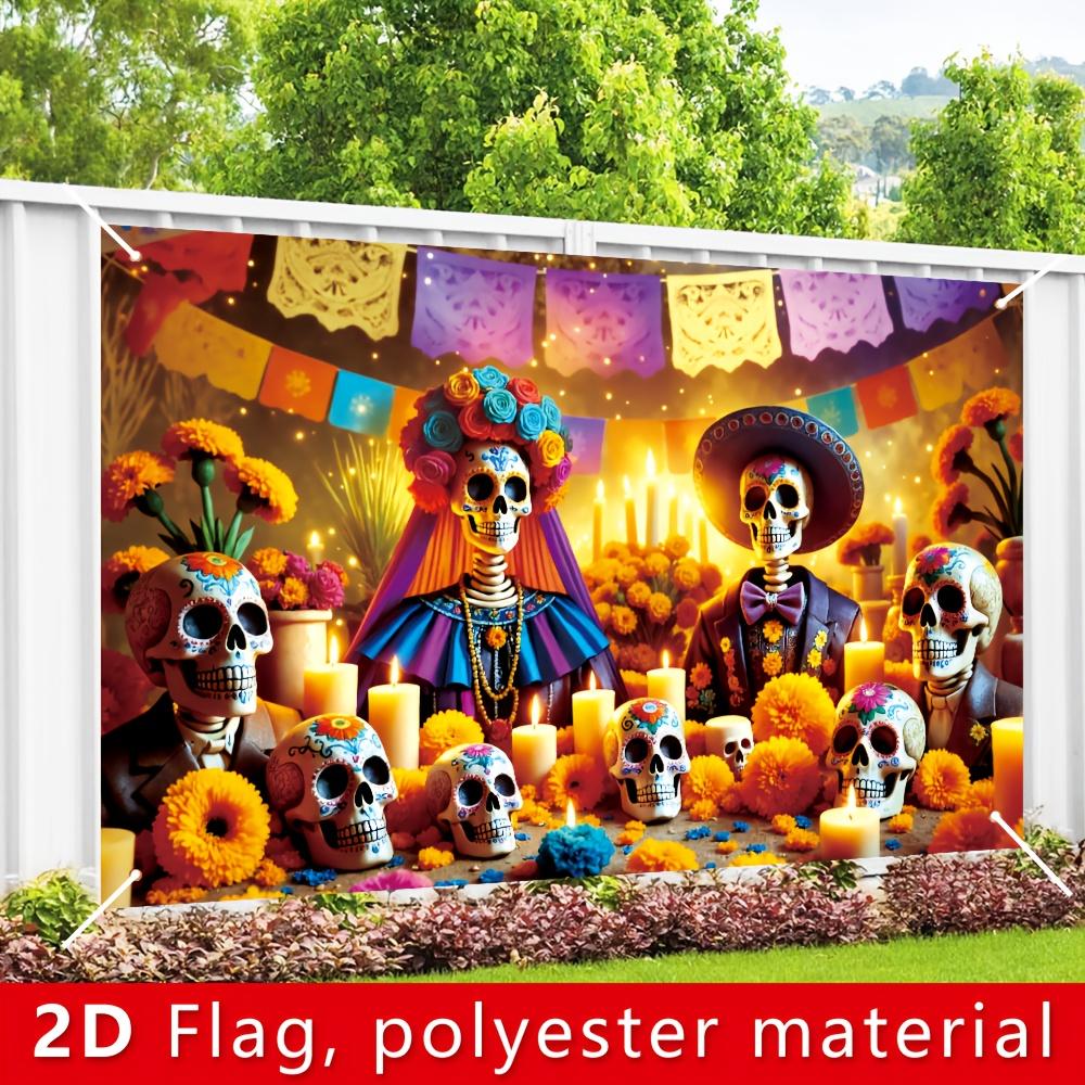 2D Flat, 1 Piece. Mexican Day of the Dead Background Decoration Banner, Polyester Fabric, Mexican Day of the Dead Festival