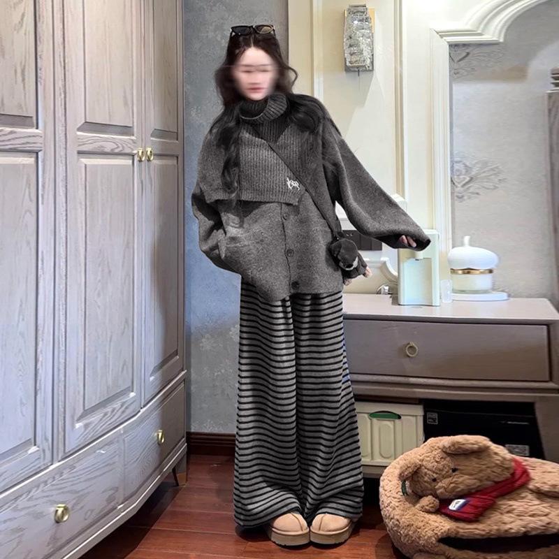 2025 Korean Knit Cardigan & Sweater Set: Autumn-Winter Loose Outerwear with Neck Warmer