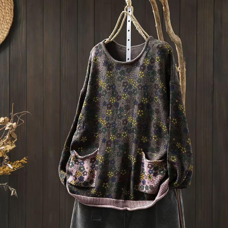 

Женский осенний китайский стиль винтажный принт O-образный вырез свободный свитер модный повседневный длинный рукав повседневный свитер One Size кофейный