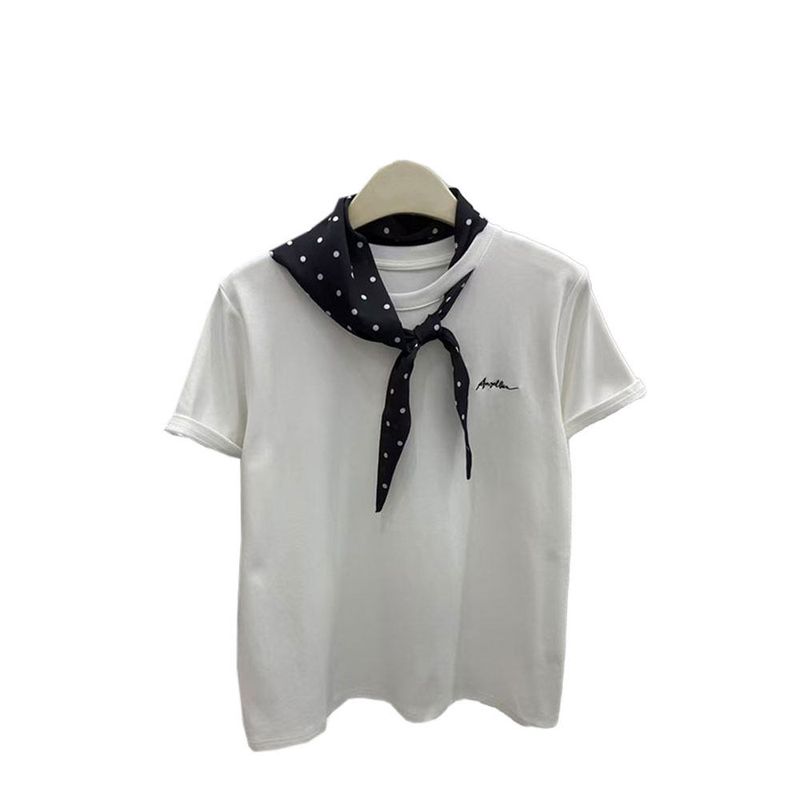 

Now~26 Summer New Style High-End Korean Style T-Shirt with Scarf and Letter Embroidery, Short-Sleeved Slimming Base Shirt for Women White S