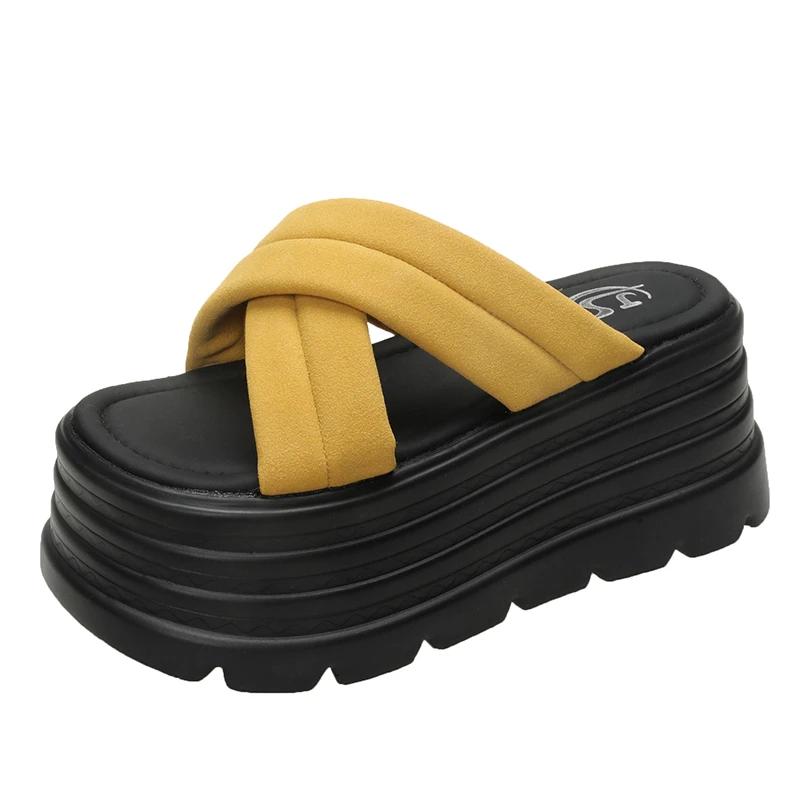 Fashion 8CM High Platform Slippers For Women Open Toe Leather Wedges Chunky Sandals New 2025 Summer Thick Bottom Female Beach Flip Flops