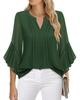 Women's Three Quarter Sleeve Blouse V Neck Business Casual Solid Color Chiffon Shirt Ruffle Hem Loose Fit Office Daily Wear Top