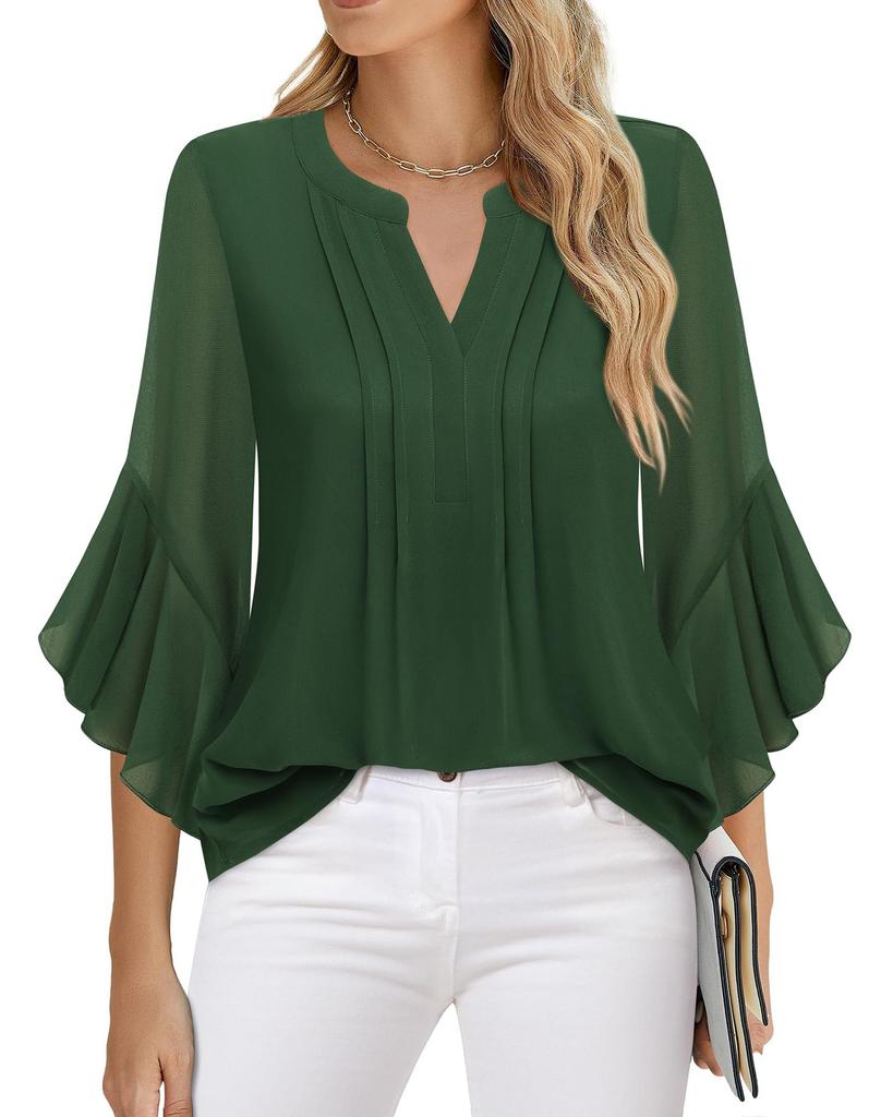 Women's Three Quarter Sleeve Blouse V Neck Business Casual Solid Color Chiffon Shirt Ruffle Hem Loose Fit Office Daily Wear Top
