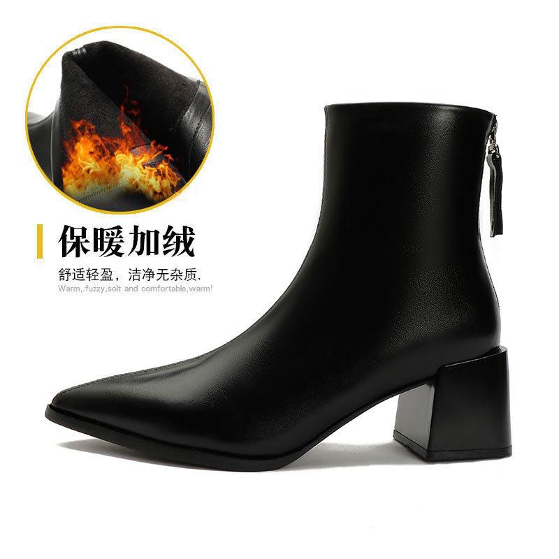 Coarse Heel Short Boots Women's Medium Heel Soft Leather Rear Zipper Medium Tube Fashion Boots 2025 New Women's Boots Pointed Thin Boots