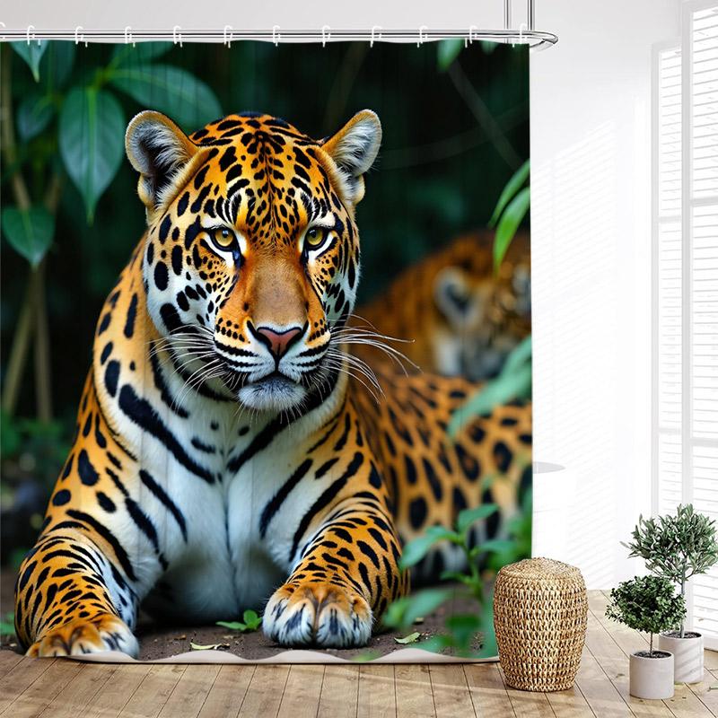 Tropical Jungle Leopard Shower Curtains Wild Animals Floral Green Plants Modern Fabric Home Bathroom Curtain Decor With Hooks