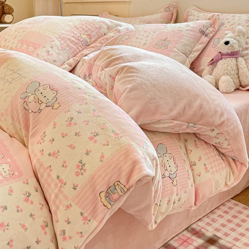 Thickened Milk Fleece Four-Piece Set Cartoon Coral Fleece Quilt Cover Fleece Bedding Flannel Sheets