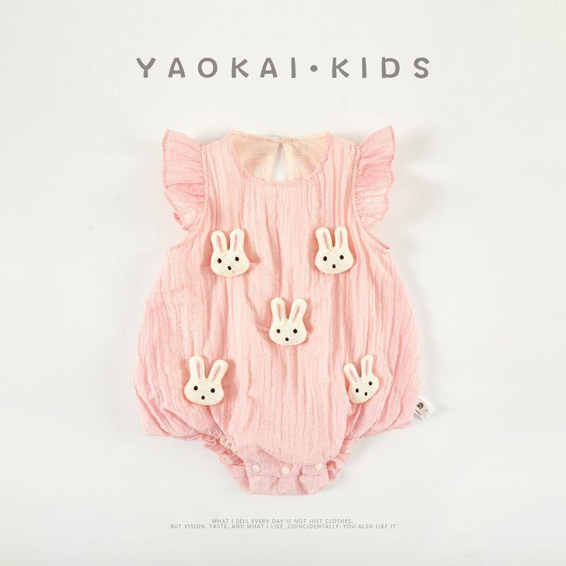Newborn Onesie Summer Thin Flying Sleeve Romper Cute Rabbit Baby Clothes Baby Jumpsuit Pink 66