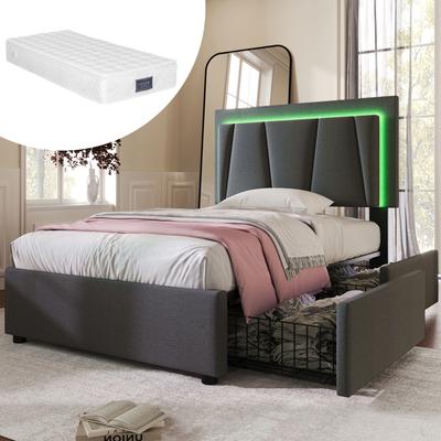 Upholstered Bed, LED Lighting, 2 Drawers, Height-Adjustable Headboard, Single Bed 90x200cm Storage Bed, Wooden Slatted Frame, Garu (With Mattress)