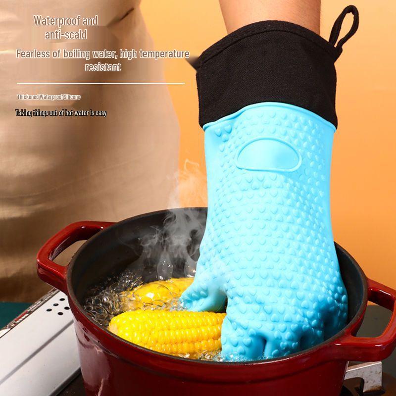 Hitzebeständige Anti-Verbrühungs-Ofenhandschuhe - Baumwollgepolstert, Silikon, Verlängertes Fünf-Finger-Design für den Küchengebrauch