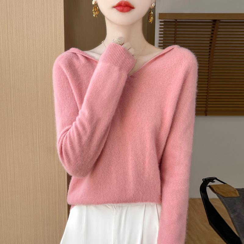 

Женская осенне-зимняя одежда Пуловер с капюшоном Шерстяной свитер Кашемировые топы Базовый трикотаж Мягкий свитер XS розовый