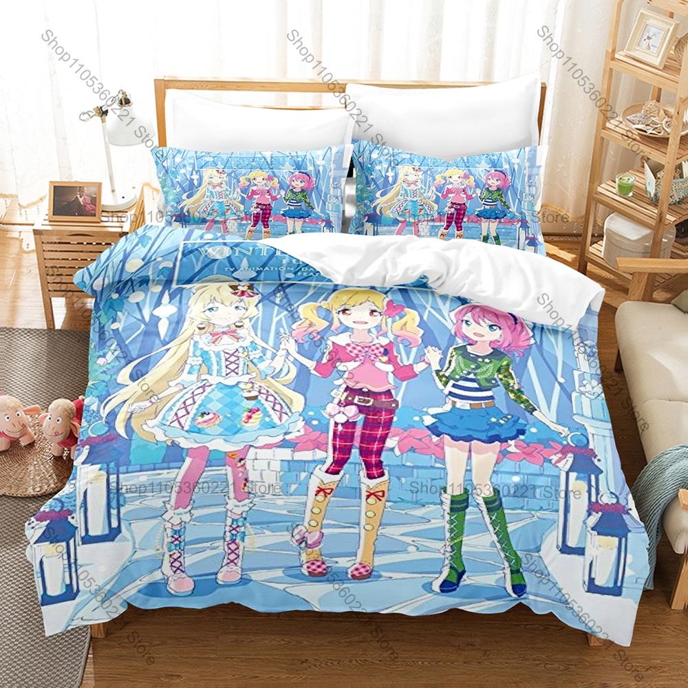Aikatsu! Anime Bedding Set 3PCS Soft Microfiber Duvet Cover Pillowcases Cute Idol Printed Bed Set for Kids Girls Bedroom Decor