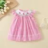 Girls Summer Pink Plaid Shirred Dress Cute Rabbit Embroidery Cotton Flutter Sleeve Princess Dress For Kids