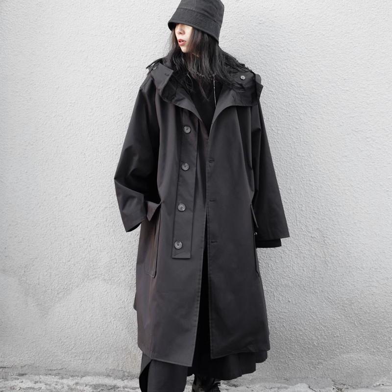 Spring Autumn Long Oversized Black Trench Coat with Hood  Windbreaker Jacket Dark Design Sense for Women