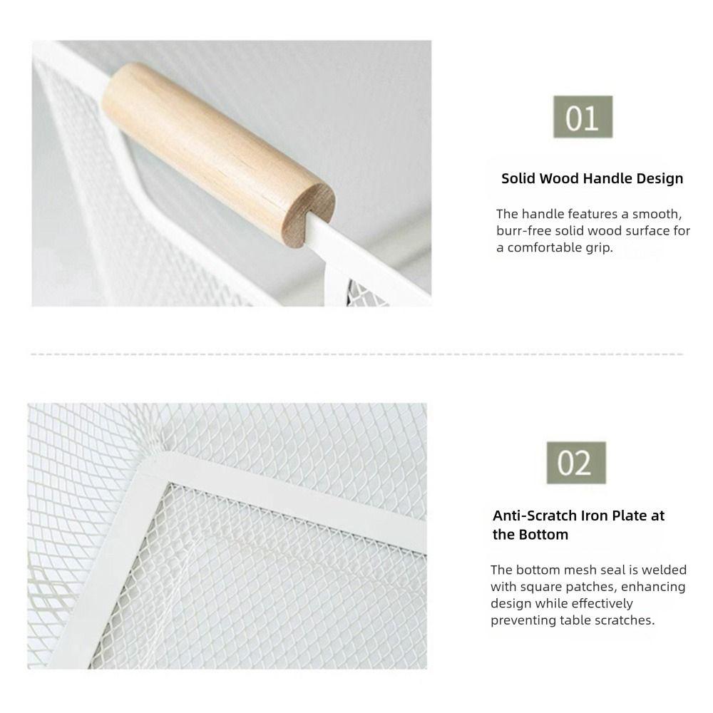 Metal Desktop Storage Basket Rectangle with Wood Handle Vegetable Fruit Snack Holder Large Capacity White Black Iron Mesh Basket