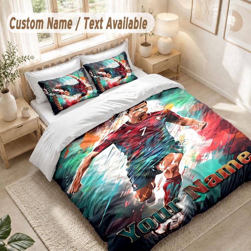Custom Name Bedding Set 3 PiecesCristiano Ronaldo Print Duvet Cover + 2 Pillowcases Soft Bed Decor