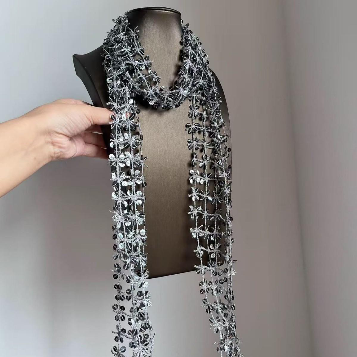 

Personality Hot Girl Shining Silver Color Sequined Woven Hollowed-out Scarf Necklace for Women Fashion Designer Jewelry Gifts