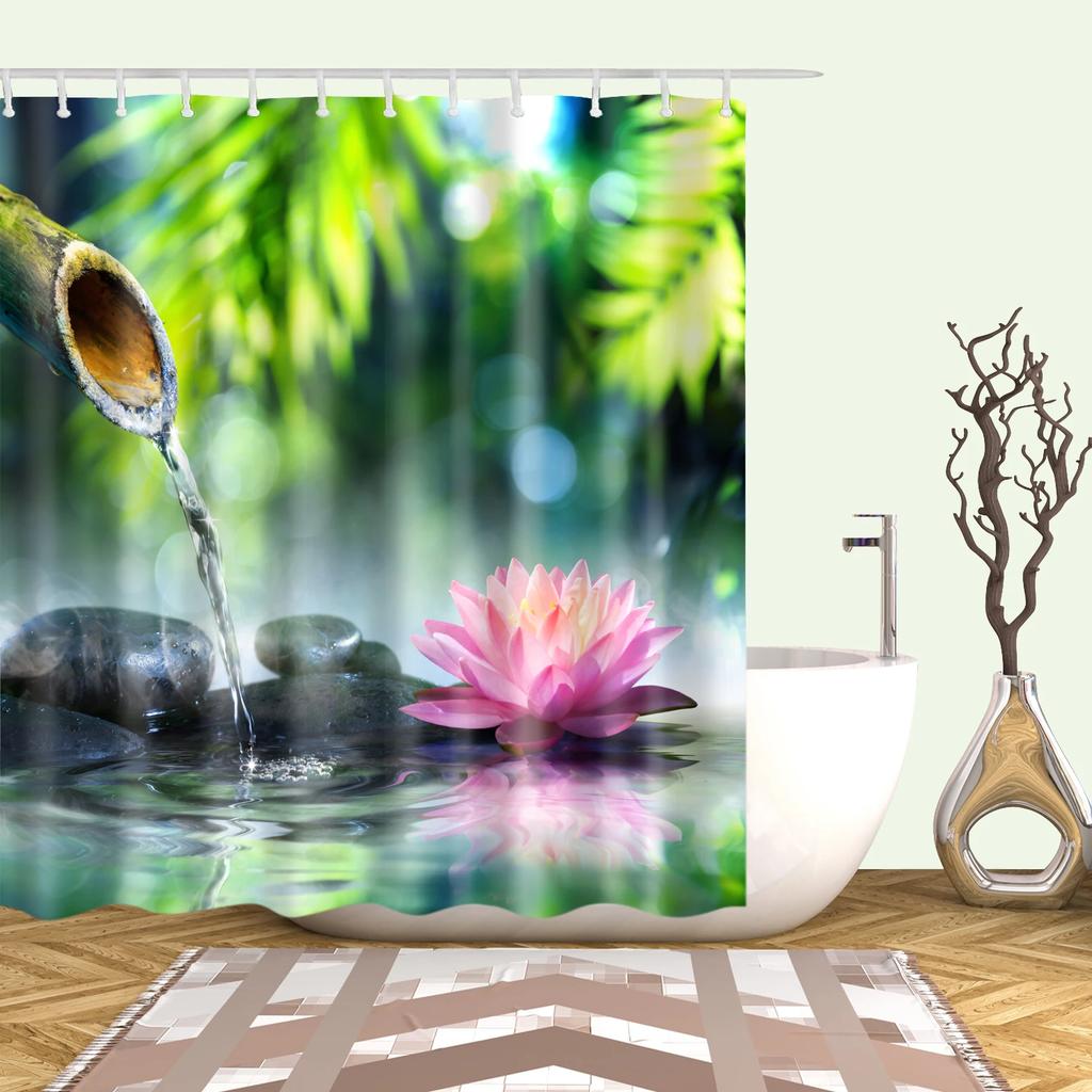 Zen Garden Shower Curtain Spa Green Bamboo Black Stone White Flower Bathroom Decor Supplies Bath Curtains Sets Polyester Fabric