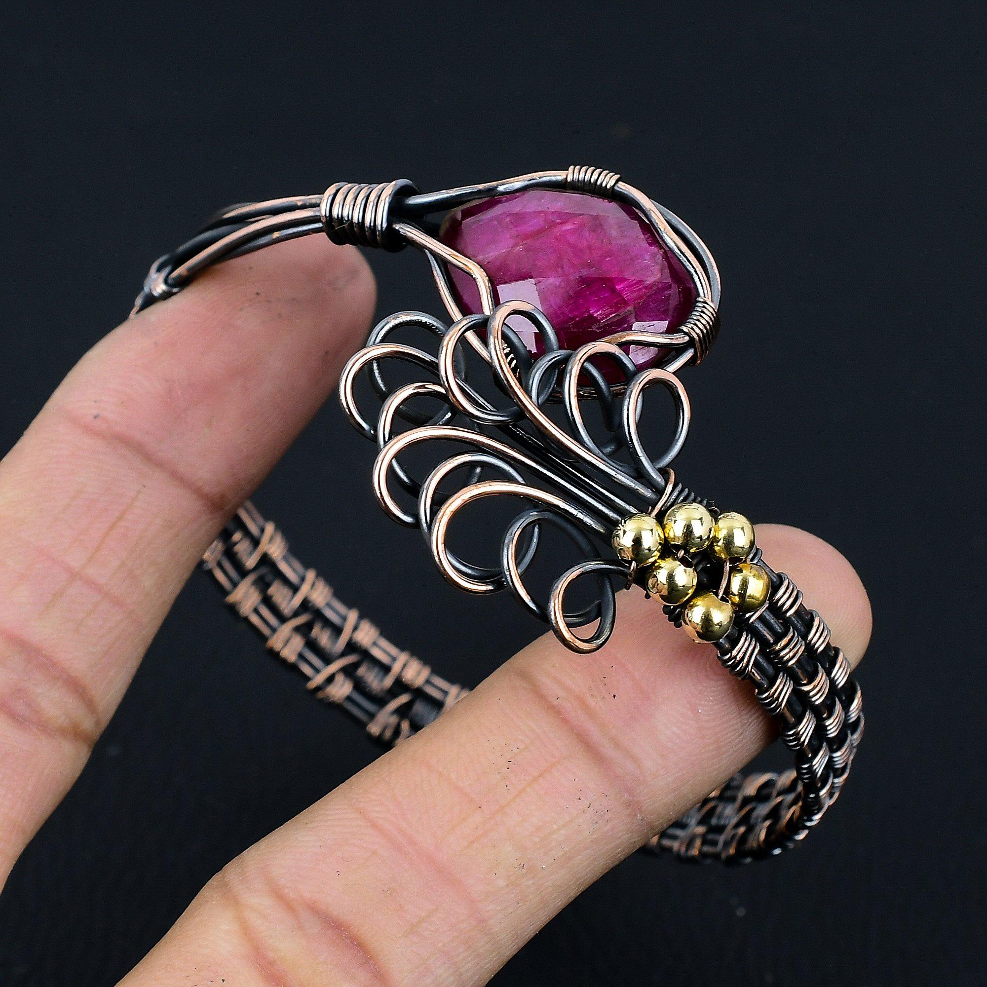 

Рубиновый браслет-манжета из меди 999 пробы, обмотанный проволокой, регулируемый браслет с драгоценными камнями, подарок для мамы, ручная работа, новые украшения