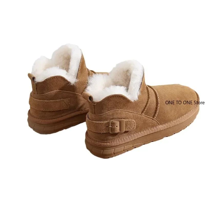 Fashion 2025 Snow Boots Women Cow Suede Furry Solid Color Round Toe Hook & Loop Flat With Winter Lasies Shoes Winter Footwear Plush Med